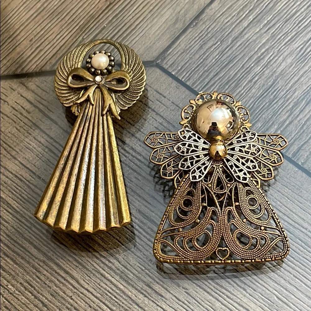 Vintage Brass Multi Metal Angel Brooch Set